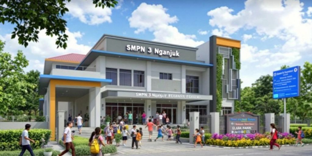 Foto SMPN 3 Nganjuk dengan siswa dan lingkungan hijau.