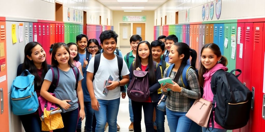 Sekelompok murid baru tersenyum di koridor sekolah.