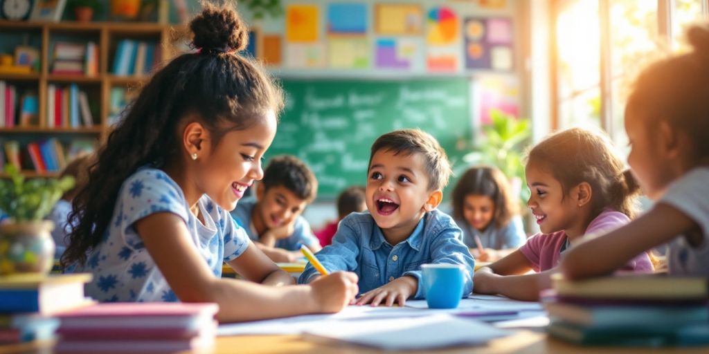 Lingkungan pendidikan yang cerah dengan siswa belajar bersama.