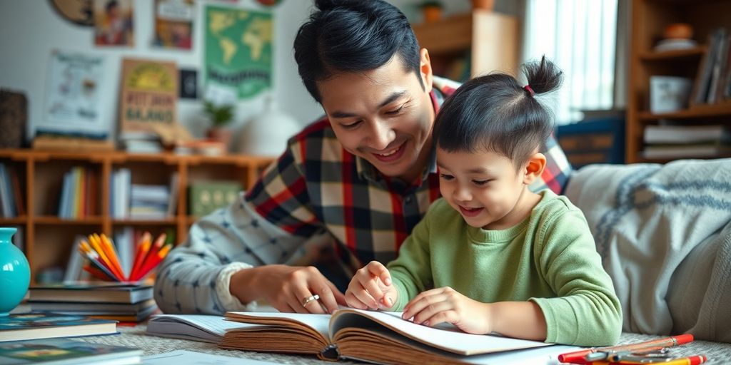 Orang tua dan anak belajar bersama di rumah.